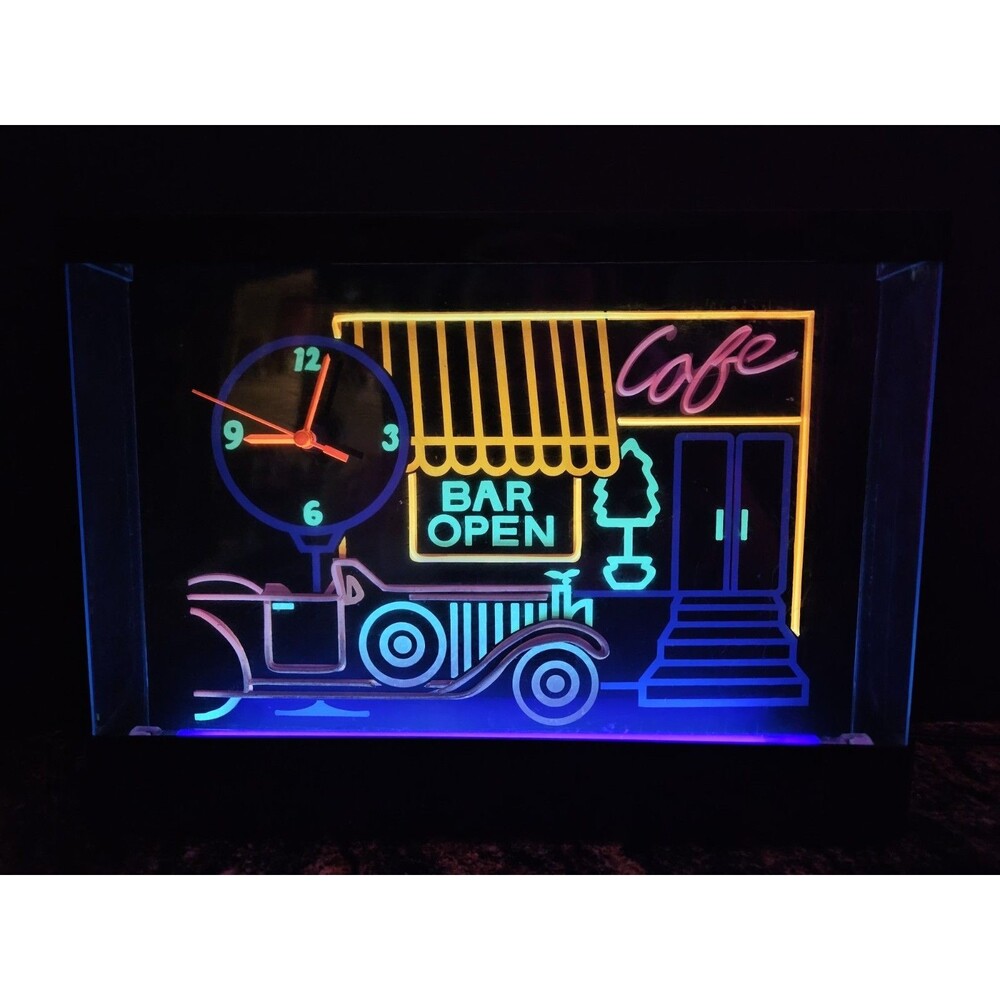 Vintage Retro Gemini BAR OPEN Clock Black Light Neon Display 1980s Works Great